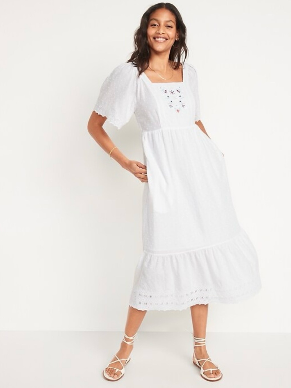Old Navy White Embroidered Square-Neck Midi Dress- L
